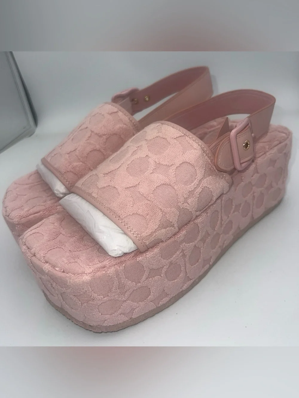 COACH Noelle Terry Cloth Leather Strap Platform Sandals Signature Mono Pink SZ 9